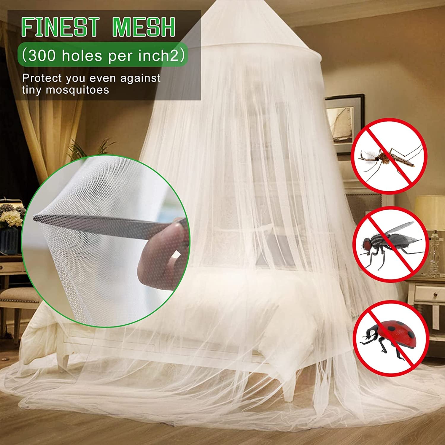 Girls Mosquito Net Canopy - Queen Size Bed Curtains - Dome Netting Tent - White