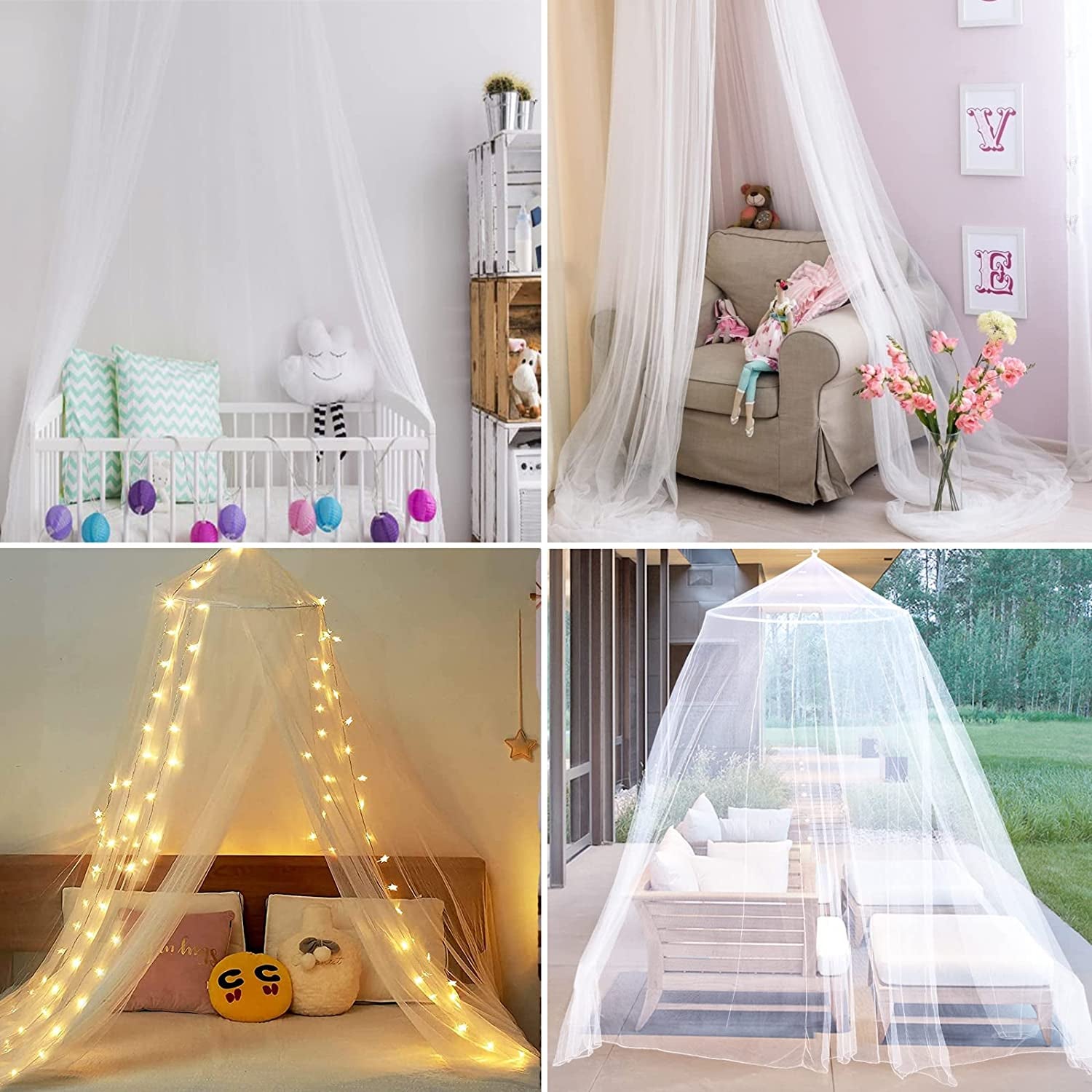 Girls Mosquito Net Canopy - Queen Size Bed Curtains - Dome Netting Tent - White